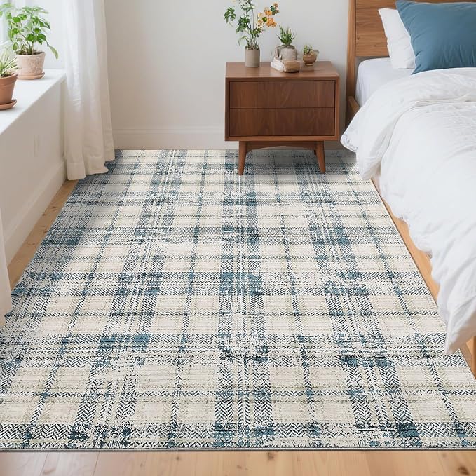 Washable Area Rugs 4x6 Rug for Living Room Modern Plaid Rugs for Bedroom Farmhouse Non Slip Entryway Rug Soft Nursery Rugs Stain Resistant Carpet for Entrance Dining Room 4'x6' Green/Beige