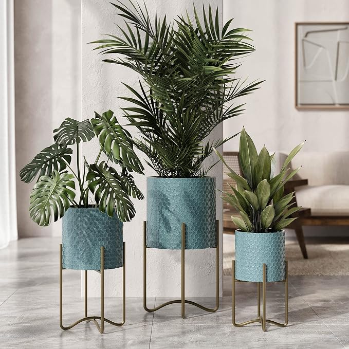 EverNest Mid-Century Modern Rhys Honeycomb Embossed Planter Pot With Ambrose Stand, Metal Indoor Plant Pots, Blue Green Bohemian Style (Set Of 3)