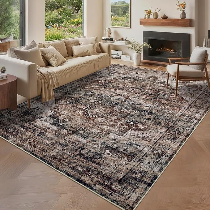 Washable Boho Vintage 8x10 Area Rug Non Slip Boho Medal Living Room Rugs Non Shedding Farmhouse Distressed Carpet Mat Foldable Thin Retro Large Rug for Office Nursery Playroom Brown