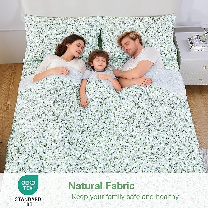 Softan Green Floral Queen Sheet Set, Cozy Botanical Microfiber Printed Fitted Bed Sheet with 15" Deep Pockets & Non-Slip Straps, Fresh Greenery Blooms Patterned Sheets & Pillowcase Set