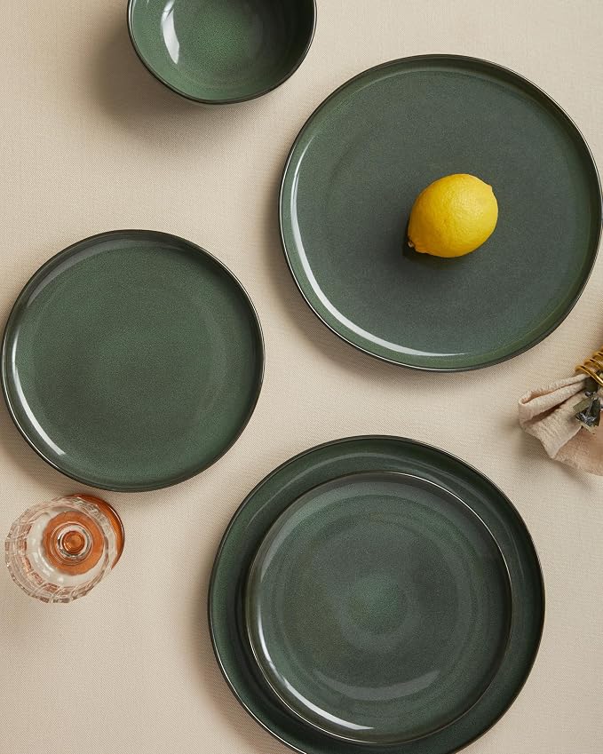 Pokini Large Holiday Dinnerware Sets for 8, Ceramic Plates and Bowls Set, Kitchen Dish Set, Microwave & Dishwasher Safe Dishware, Perfect for Christmas & Thanksgiving, Forest Green