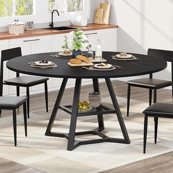 knoworld 51'' Round Dining Table, Kitchen Tables Dining Room Circle Dinner Table with Pedestal Metal Frame, Space Saving Wood Industrial Kitchen & Dining Room Tables, Black 51In
