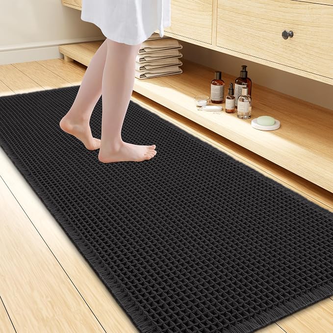 Smiry Waffle Bath Mat 60x24, Extra Soft Absorbent Bathroom Rugs, Non Slip Machine Washable Quick Dry Bath Rugs for Bathroom Floor, Tub, Shower, Home Decor Accessories, Black