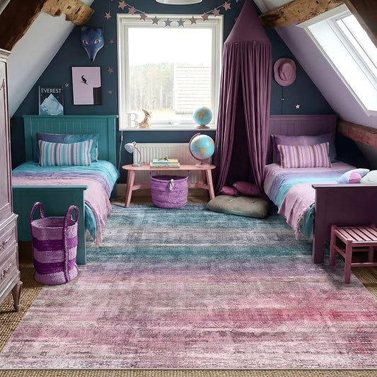 Kokia Abstract Area Rugs Boho Washable Distressed Retro Indoor 6x9 Rug Multicolor Low Pile Non-Slip Non-Shedding Red Carpet Bedroom Living Room Dining Room, Oslo Orchid