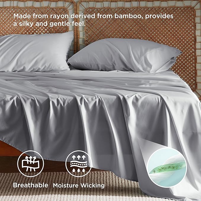 Bedsure Full Size Bed Sheets, Cooling Sheets, Rayon Derived from Bamboo, Breathable & Soft, Deep Pocket Up to 16 Inches, Hotel Luxury Silky Bedding for Hot Sleepers, Silver Grey