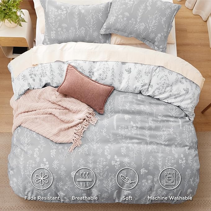 Bedsure Duvet Cover Full Size - Reversible Grey Full Duvet Cover Set with Zipper Closure, 3 Pieces Cute Floral Botanical Pattern Bedding Set with 8 Corner Ties and 2 Pillow Shams