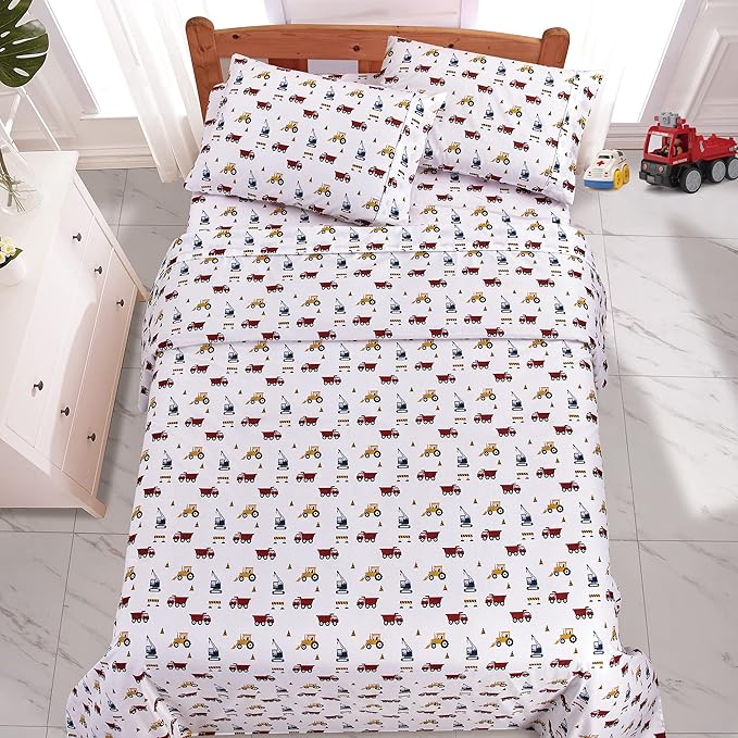 Viviland 3 Pieces Boys White Twin Sheet Set - Soft Microfiber Fitted Flat Sheets & Pillowcase Bed Sheet Set- Red Excavator Construction Tractor Truck Bedding Sets - for Kids & Toddlers