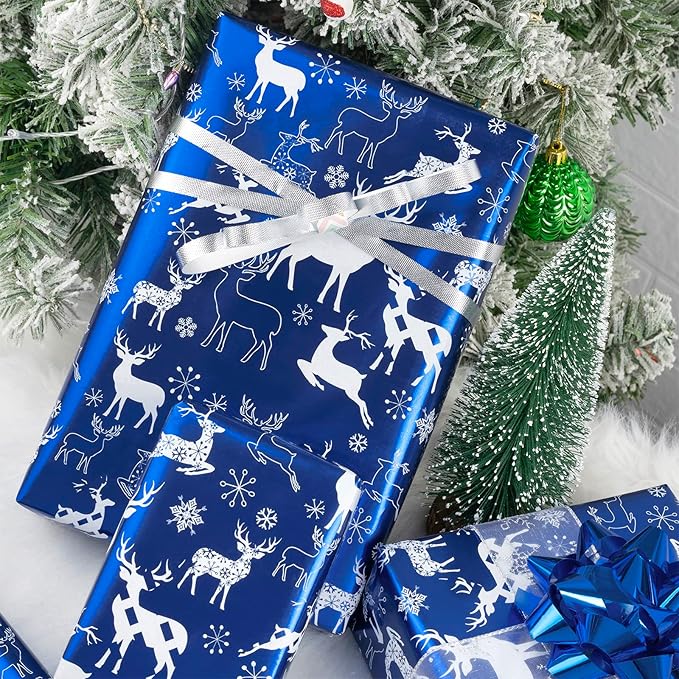 MAYPLUSS Christmas Wrapping Paper Roll - Mini Roll - 17.3 Inch X 32.8 Feet - Christmas Blue Elk Design (47.3 sq.ft.ttl)