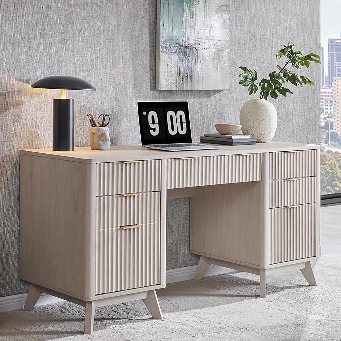 T4TREAM Fluted Executive Desk with Drawers, 60" Modern Home Office Computer Desk with Charging Station, File Cabinet, Keyboard Tray and Storage Cabinet for Study, Living Room, Bedroom, Alder White