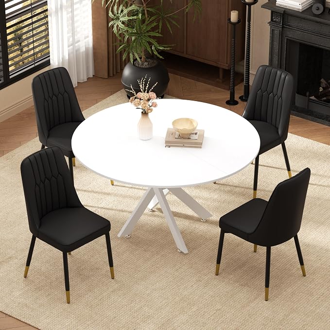 RGZ Mid Century White Round Dining Table Set for 4, 47" Large Wooden Circle Kitchen Table & 4 Black PU Leather Kitchen Chairs, Dinner Table Set for Home, Apartment, Dining Room