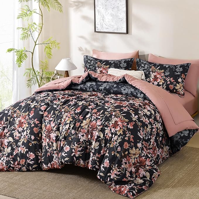 Dobuyly King Size Comforter Set, 7 Pieces Black and Pink Floral Comforter Set, Bed in a Bag King with Botanical Flowers Pattern, All Season Farmhouse Bedding Set with Sheets, Pillowcases & Shams