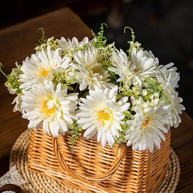 TOPIA Fake Flowers Artificial Daisies & Gerbera Bouquet Silk White 10 Stems Match with Wild Flowerets