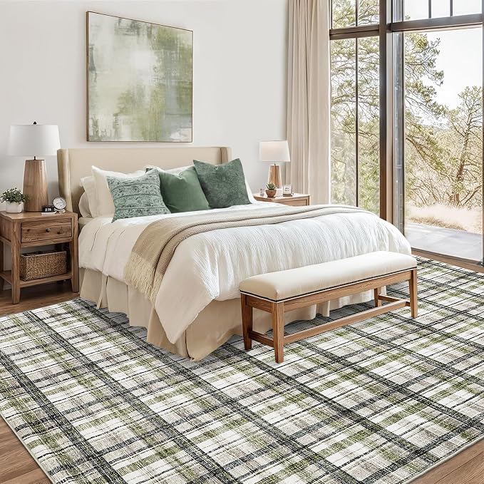 10x13 Area Rug for Living Room Washable Rugs Farmhouse Bedroom Rug Large Rug Non Slip Modern Plaid Throw Rugs for Dining Room Stain Resistant Carpet for Office Classroom, Green&Taupe