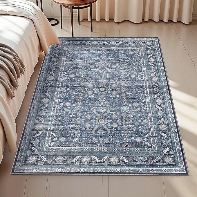 OPPODREAM Vintage Blue Area Rugs 3x5, 3 x 5 Retro Washable Rug Non Slip, Low-Pile Faux Wool Carpet, Distressed Navy Floor Mat for Living Room, Bedroom, Kitchen, Office, Dorm, Dinning Room