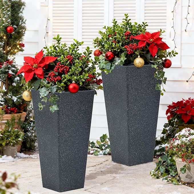28" Plant Pots Tall Planters for Plants Outdoor Set of 2 Plastic Planter Pot Large Flower Pots Indoor Weather-Resistant for Patio, Porch, Garden, Front Door Christmas Decor Terrazzo Black