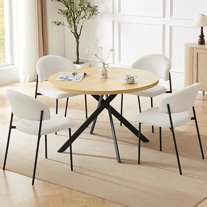HIPIHOM 45.3 Inch Round Dining Table Set for 4, Mid Century Modern Small Coffee Set for Dining Room Kitchen Apartment (Cream Table + 4 White Shell Chairs)