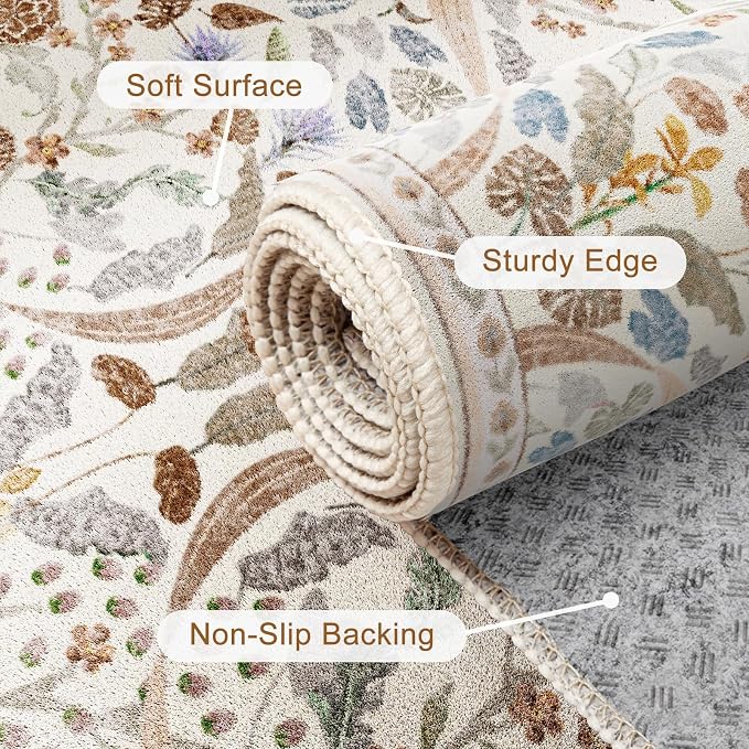 AMTOVO 9x12 Washable Area Rugs for Living Room, Non-Slip&Non-Shedding Floral Large Soft Boho Vintage Print Carpet for Bedroom Girls Room Dorm Dining Room Farmhouse Nursery Home Office, Beige
