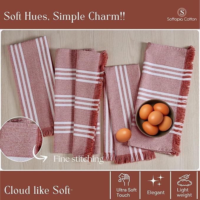 Stripe Kitchen Dish Towels 4 Pack, 16x26 Inches, Quick Drying Cloths, 100% Cotton, Absorbent Wash Rags, Washable and Reusable, Cleaning Towels for Dishes, Everyday Drying Use - Rust