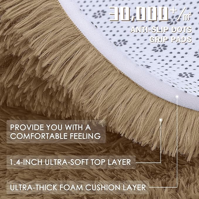 OLANLY Taupe Round Rugs for Bedroom - Machine Washable, 7 ft Circle Area Rugs for Living Room, Soft and Fluffy Shaggy Carpet for Teen Girl and Boys, Nursery Rooms, Dorms, Home Decor Aesthetic