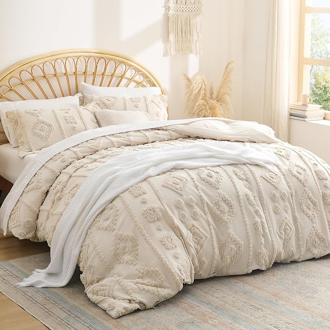 Bedsure Boho Duvet Cover King - Beige Tufted Boho Bedding, Farmhouse Shabby Chic Embroidery Bedding for All Seasons, 3 Pieces, 1 Soft Jacquard King Comforter Cover and 2 Pillow Shams