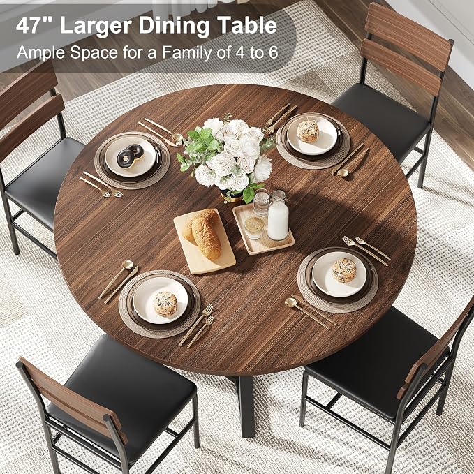 knoworld 47" Round Dining Table for 4, Kitchen Tables Dining Room Circle Dinner Table with Pedestal Metal Frame, Space Saving Wood Industrial Kitchen & Dining Room Tables, Walnut 47In