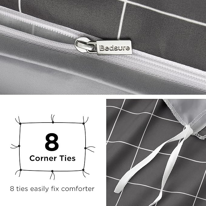 Bedsure Duvet Cover Twin Size - Reversible Plaid Duvet Cover Set with Zipper Closure, 2 Pieces Dark Grey Bedding Set with 8 Corner Ties and 1 Pillow Sham 20"x26"