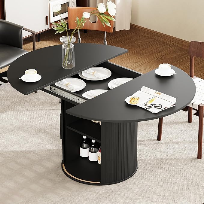 weselon 43"-59" Extendable Round to Oval Dining Table with Hidden Storage, Modern Wooden Kitchen Table with Fluted Sliding Door Cabinet, Expandable Dinner Table for Dining Room Living Room (Black)
