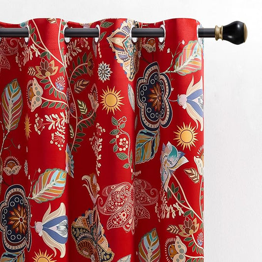 XiDi Red Floral Curtains 108 Inches Long 2 Panels 100% Blackout Vintage Botanical Leaf Patterned Curtains for Living Dining Room Thermal Insulated Room Darkening Luxury Colorful Drapes Grommet 52x108