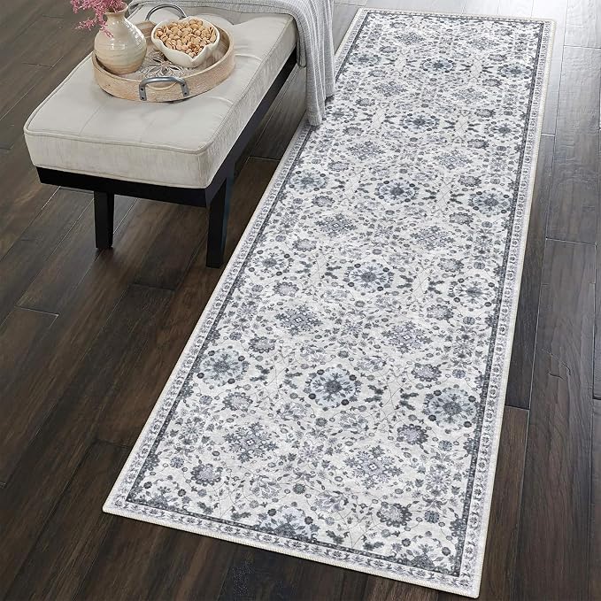 vivorug Runner Rug 2x10 Machine Washable Rug with Non-Slip Backing, Ideal for Kitchen Hallway Entryway Laundry Room - Vintage, Durable, Easy Clean, Low Pile Carpet Runner, Ivory/Blue
