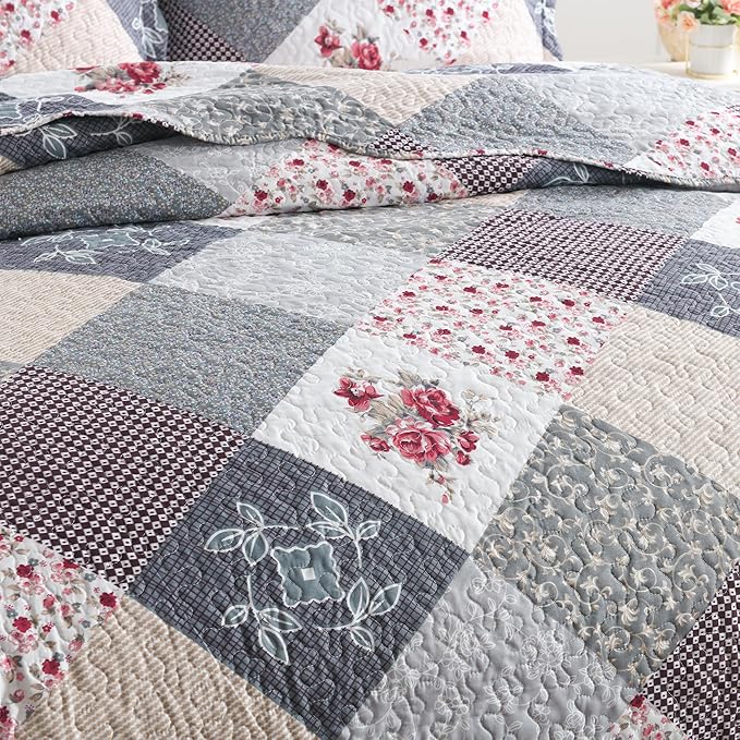 HoneiLife Quilt Set Queen Size - 3 Piece Microfiber Quilts Reversible Bedspreads Patchwork Coverlets Floral Bedding Set All Season Quilts-Grey Rose,Queen/Full Size