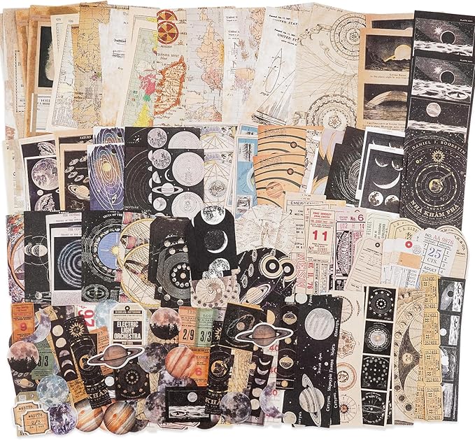 Knaid Vintage Scrapbook Supplies Pack (200 Pieces) for Witchy Junk Journal Bullet Journals Planners Space Moon Paper Stickers Craft Kits Collage (Celestial)
