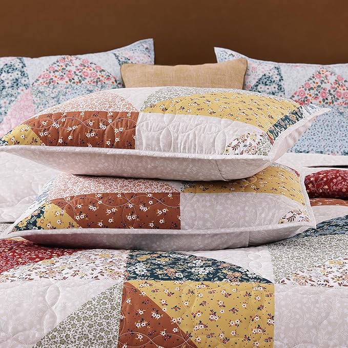 Quilt Set Twin Size, Patchwork Burnt Orange Floral Quilt Sets, Reversible Bedspread Lightweight and Breathable for All Seasons, Soft Quilted Bedspread with 1 Pillow Sham