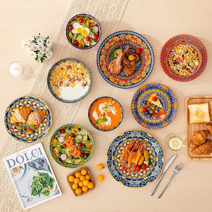 vancasso 24 Pieces Plates and Bowls Set, Bohemian Style Dinnerware Sets Service for 6, Porcelain Boho Dishes Set for Kitchen, Housewaring Gift, Dishwasher and Microwave Safe, Series KRVI