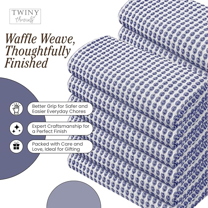 TWINY threads 4 Pack Circle Waffle Tea Towels 16x26 Inches, 100% Cotton, Heavy Duty, Thick, Absorbent, Professional Grade Dish Cloths, Ideal for Restaurants, Bars, Heavy Duty Use, Indigo Blue