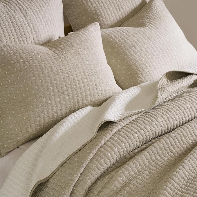 Levtex Home Cross Stitch Reversible Twin XL/Twin Quilt Set (68x86in) with 1 Pillow Sham (26x20in) - Stitch Texture - Taupe - Cotton Twin/Twin Size Quilt Bedding Set - Lightweight, Soft, Pre-Washed
