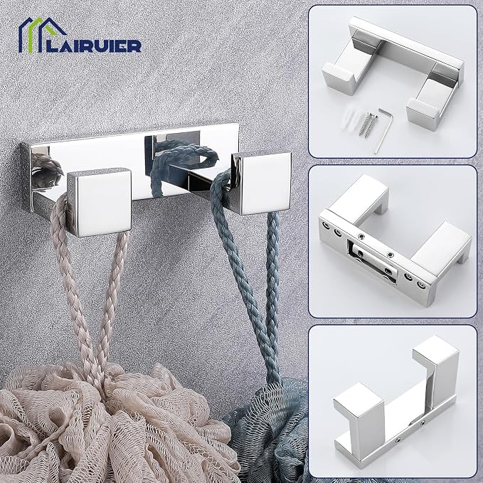 Lairuier Bath Towel Bar Set, Polished Chrome 4-Piece Bathroom Hardware Set Including Towel Bar, Towel Holder, Toilet Paper Holder, Towel Hook. Stainless Steel Bathroom Hardware Accessory