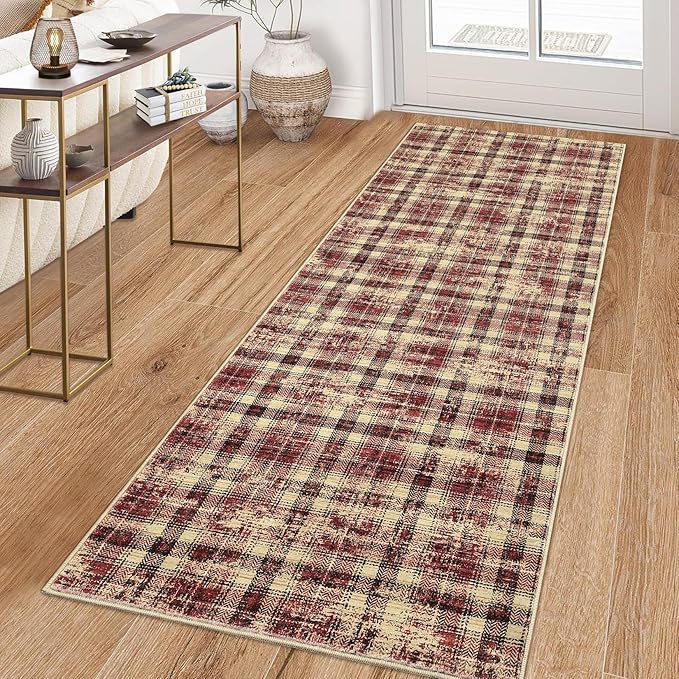 Washable Rugs Runner Rug 2x6 Modern Plaid Area Rug Soft Carpet 2'x6' Red