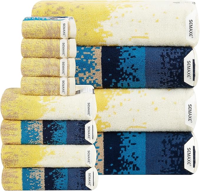 SEMAXE Bath Towel Set, 12 Piece Cotton Towel Set for Bathroom, More Towels for Family Use, Quick Dry with Hanging Loops, Easy Care, Coastal Ombre