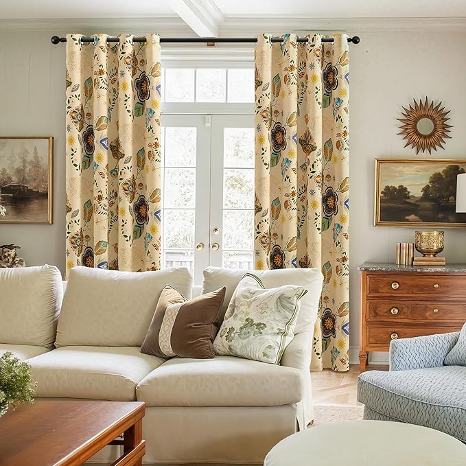 XiDi Beige Floral Curtains 90 Inches Long 2 Panels Vintage Patterned Blackout Curtains for Bedroom Living Room Thermal Insulated Grommet Rustic Luxury Colorful Botanical Flower Printed Drapes 52x90