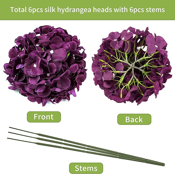 DuHouse Silk Hydrangea Artificial Flower Heads with Stems Fake Hydrangeas Flowers for DIY Wedding Centerpiece Home Decor,Pack of 6(Plum)