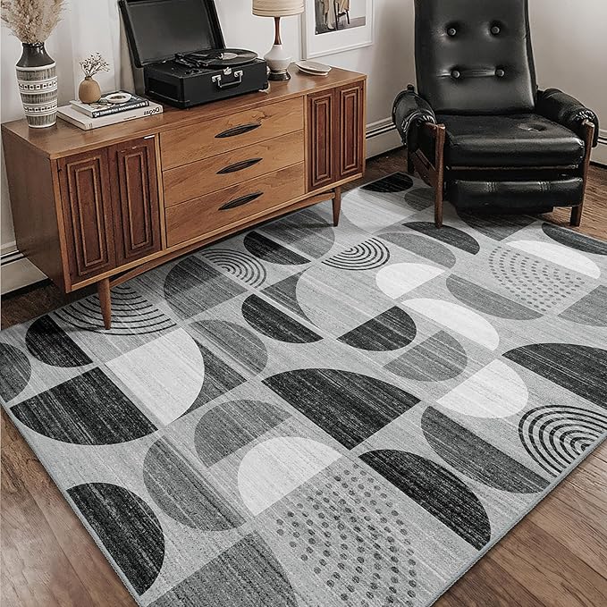 MUJOO Washable Rug Black,4x6.5 Area Rugs for Bedroom Entryway Living Room Bedside,Small Boho Throw Floor Carpet Non Slip Soft Indoor Modern Abstract Black and Grey