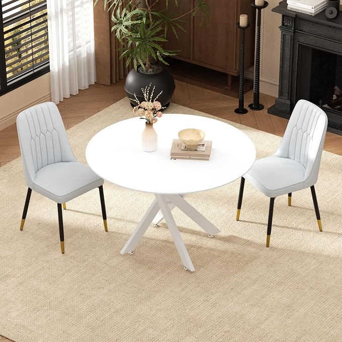 RGZ Mid Century White Round Dining Table Set for 2, 36" Small Wooden Circle Kitchen Table & 2 Light Gray PU Leather Kitchen Chairs, Dinner Table Set for Home, Apartment, Dining Room