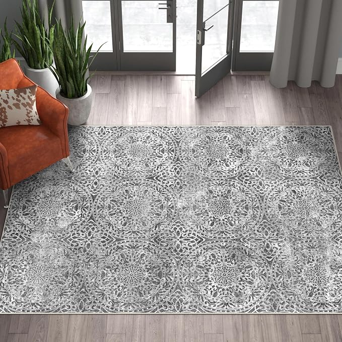 vivorug 4x6 Rug, Small Area Rug for Living Room, Bedroom, Kitchen, Machine Washable Non-Slip Throw Rug, Vintage Medallion Carpet for Entryway Nursery Coffee Table - Durable (Grey)