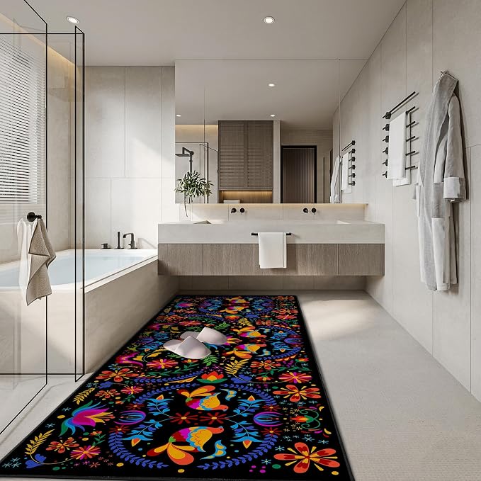 Mexican Floral Runner Rugs for Hallway, Mexican Talavera-Themed Kitchen Runner 2'x'6 Non-Slip Black Rug Carpet for Hallways Kitchen Laundry Bedroom Bathroom Machine Washable