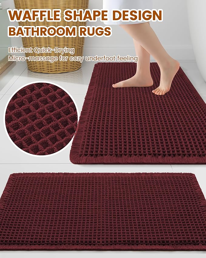 Smiry Waffle Bath Mat 72x24, Extra Soft Absorbent Bathroom Rugs, Non Slip Machine Washable Quick Dry Bath Rugs for Bathroom Floor, Tub, Shower, Home Decor Accessories, Burgundy