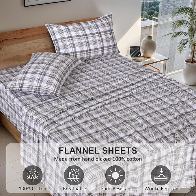 RUVANTI Flannel Sheets Full Size - 100% Cotton Double Brushed Bed Sheets Set, Deep Pockets 16 Inches, All Seasons Breathable & Extra Soft Full Sheets, Warm & Cozy, 4 Piece, Modest
