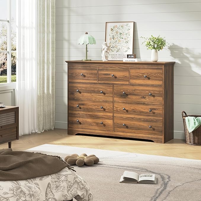 Brown Dresser for Bedroom，55" Wide 9 Drawers Dressers,Modern Wooden Chest for Living Room, Hallway