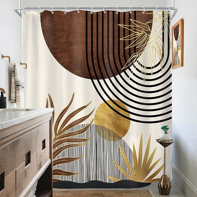 KOMLLEX Mid Century Brown Boho Shower Curtain for Bathroom Decor 72Wx72H Inches Abstract Modern Gold Minimalist Arch Sun Geometric Leaves Neutral Fabric Waterproof Polyester 12 Pack Hooks Pack Hooks