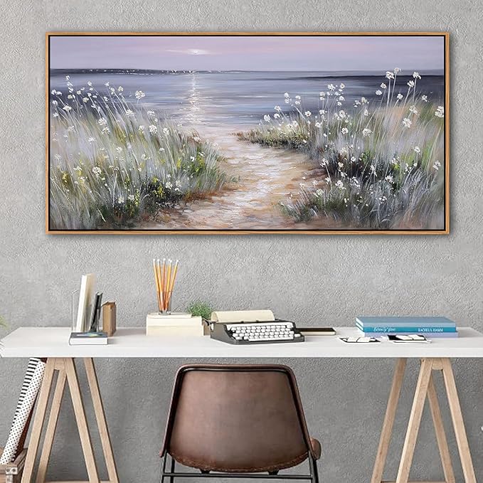 KLAKLA Bedroom Decor Wall Art Blue Beach Picture Ocean Theme Flower Canvas Print Modern Coastal Seascape Painting Framed Seaside Artwork Floral Daisy for Home Sea Lake Living Room 29x58 Inch