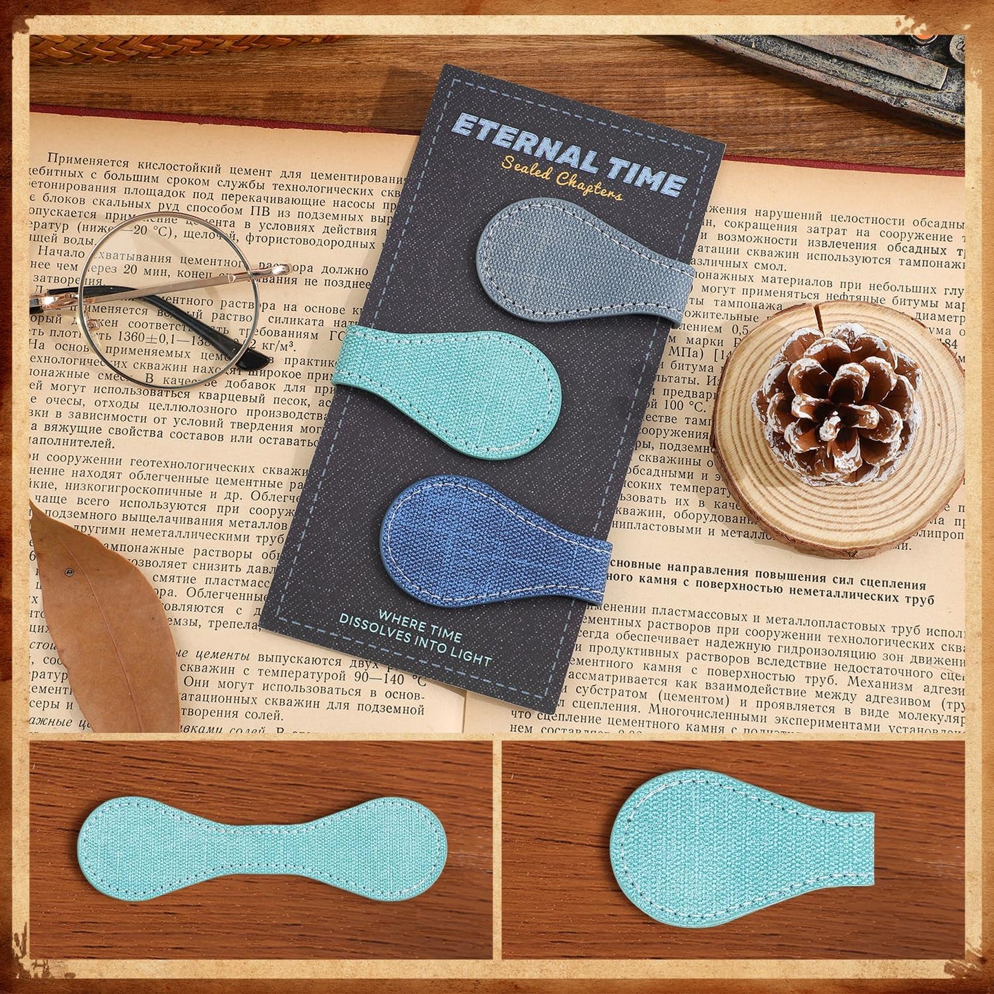 Skiennix Vintage Magnetic Leather Bookmarks - Stylish PU Clips for Women | Denim Pattern, 3-Pack